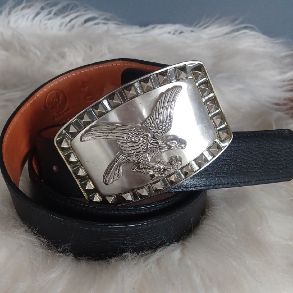 Eagle Buckle Black Leather Belt